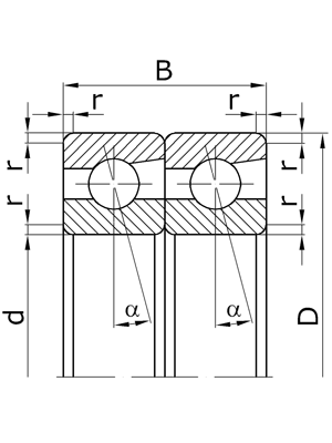 Подшипники шариковые радиально-упорные сдвоенные, наружные кольца обращены друг к другу разноименными торцами, угол контакта α=12º