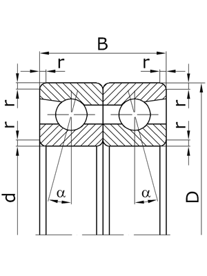 Подшипники шариковые радиально-упорные сдвоенные, наружные кольца обращены друг к другу широкими торцами, угол контакта α=12º