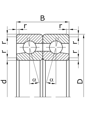 Подшипники шариковые радиально-упорные сдвоенные, внутренние кольца обращены друг к другу широкими торцами, угол контакта α=15º